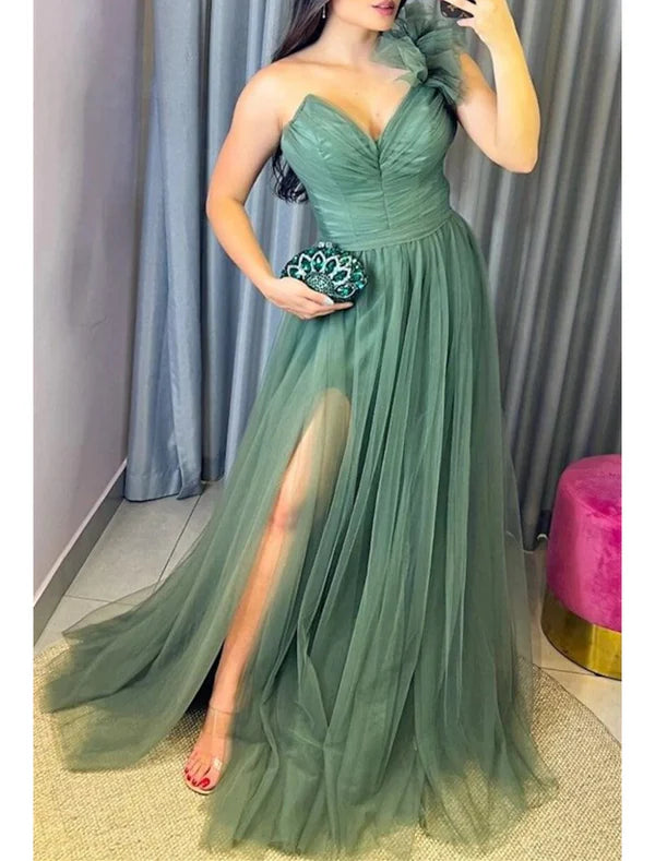 Luolandi A-Line Evening Gown Plus Size Dress Formal Wedding Guest Court Train Sleeveless Strapless Tulle with Slit Sexy